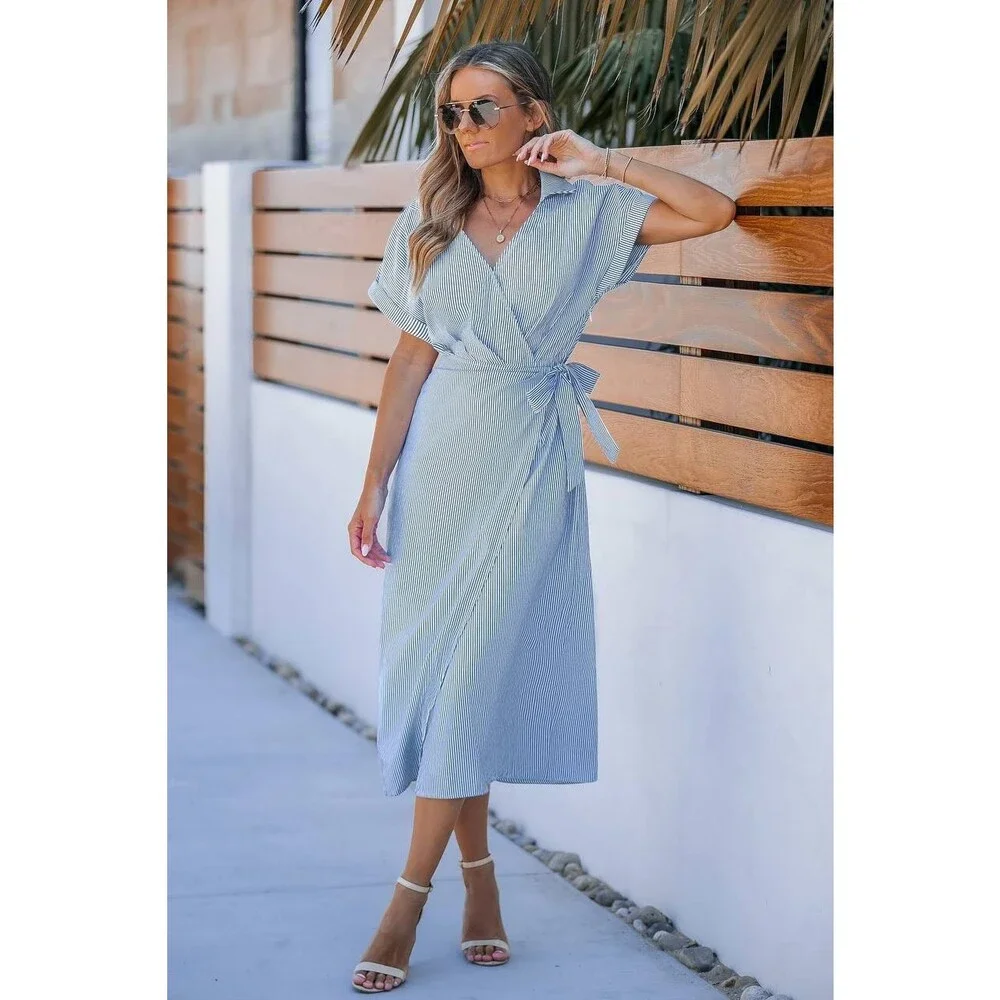 Cupshe Blue Pin‑Stripe Collared Wrap Midi Dress Size S NWT Summer msrp$50.99 - Picture 5 of 9